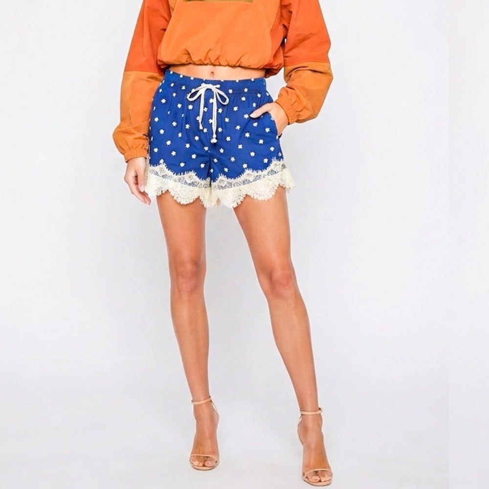Anthropologie Lace Trim Boxer Shorts Size M Blue Floral Cotton Bloomers Pockets